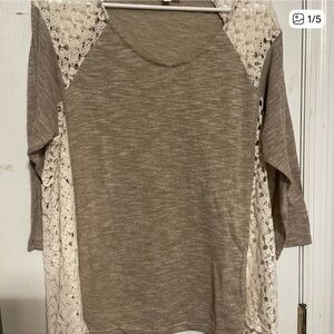 Umgee Tan and Cream Lace Accent Blouse